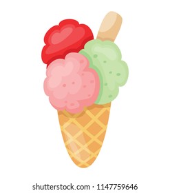 
Different flavoured ice cream scoops on waffle cone 
