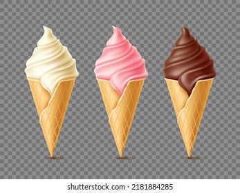 Different flavours ice cream. Waffle cones with frozen dessert, vanilla, chocolate and pink berry, soft milk creamy gelato, 3d isolated on transparent background elements utter vector set