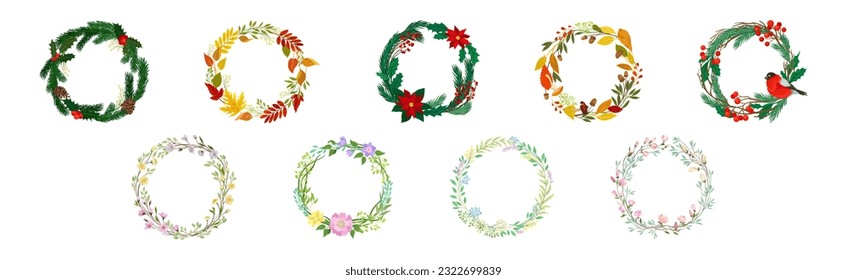 Different Floral Branches and Twigs Arranged in Wreath Vector Set