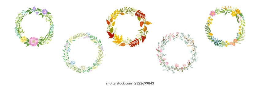 Different Floral Branches and Twigs Arranged in Wreath Vector Set