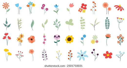 Different flower and branches elements for design. Floral vector elements collection isolated on white.