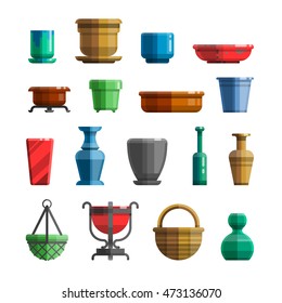 Different flowerpots, pots for flowers, vases, ceramics, trays, bottles. Big set in modern colorful flat style for designs. Isolated vector illustration.