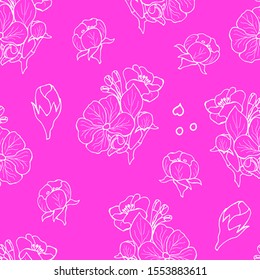 Different flowers of an apple tree on a pink background. Seamless pattern Hand-drawn. Soft color. Vector illustration Suitable for banner, postcard, design.