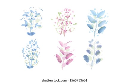 different flowers and branches on a white background in a watercolor style. Vector image