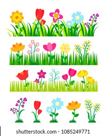 Different flowers collection with green grass. Flowerbeds set in the garden, vector illustration