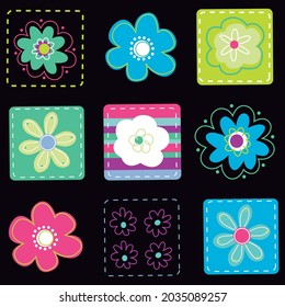 different flowers and colors pattern black background