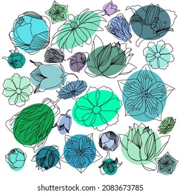 Flores diferentes en rondas de colores aisladas en blanco en la técnica del doodle digital gráfico vectorial 