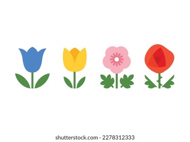 Different flowers in geometric style: bluebell flower, tulip, wild rose, rose, flowering plant with bright and colorful flowers. Illustration set in minimalistic style. Vector flat, floral design elem