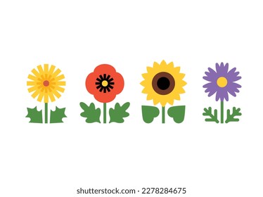 Flores diferentes de estilo geométrico: león, amapola, girasol, flor de maíz, planta florida con flores brillantes y coloridas. Ilustración de estilo minimalista. Vector plano