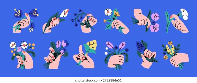 Different flowers in hands set. People are holding various bouquets and posies of blooming meadow plants. Bunches of wildflowers and blossom branches with leaves. Flat isolated vector illustrations