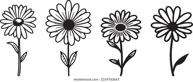 Verschiedene Blumen, Liniendesign-Element, schwarz-weiß, Vektorgrafik