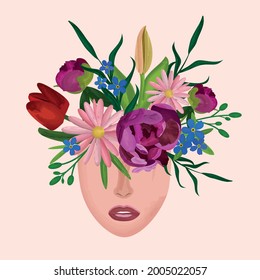 Different Flowers Peony tulips gerbera forget-me-not and some leafs growing form Woman's Head in watercolor - free your mind