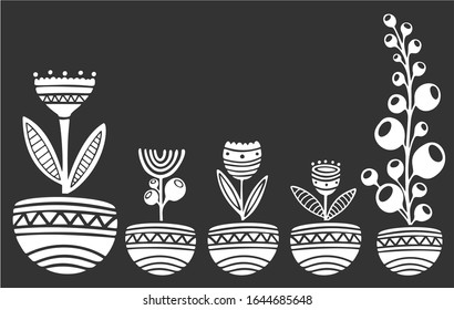 Different flowers in pots on dark background. Vector image, copy space.