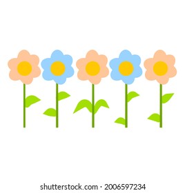 Different flowers in a row. Summer plants. Minimalistic design. Flat cartoon