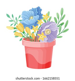 Different Flowers and Twigs Put in Pot Isolated on White Background Vector Illustration