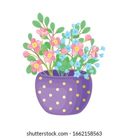 Flores y pelucas diferentes colocadas en la olla aisladas en la ilustración de vectores de fondo blanco