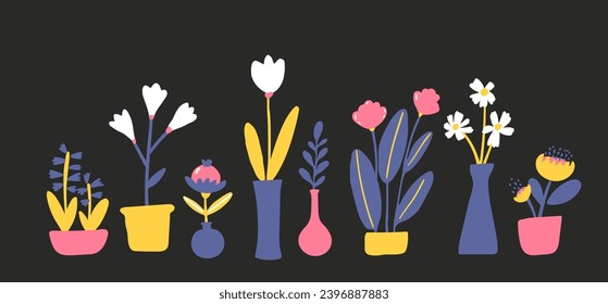 Different flowers in vase, banner set on black background. Bold colorful loral silhouettes, modern art illustrations, Summer bloom collection