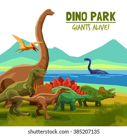 Different flying swimming and land dinosaurs with lake and mountains on background dino park cartoon poster vector illustration