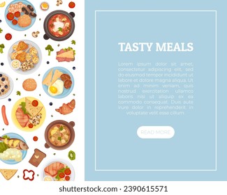 Different Food Banner Design with Tasty Dish Served on Plate Vector Template