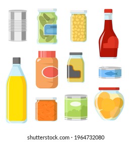 Different food in cans and jars vector illustrations set. Collection of cartoon tinned goods, fish, sauce, beans, soup for pantry or storage on white background. Food, supermarket, grocery concept