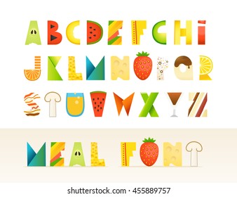 Different food colorful creative Alphabet. Isolated letters on white