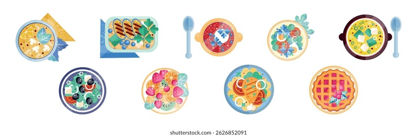 Different Food and Delicious Served Dish on Plate Vector Set