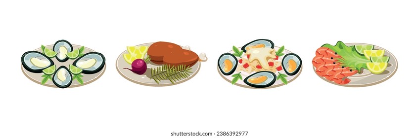 Different Food and Dish Served on Plate Isometric Vector Set