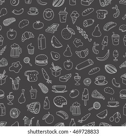 Different food doodles seamless background. Lineart hand-drawn elements 