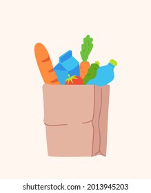 Different food and drinks in paper bag. 
