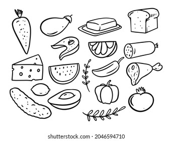 Different food and eat objects set black color line art vector illustration