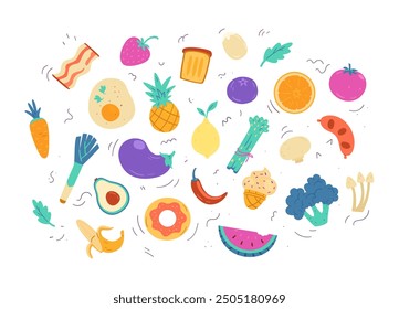 Different food, fruits ang vegetables colorful doodle vector illustrations. 