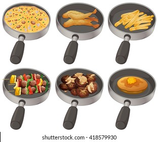Different food in the frying pan illustration