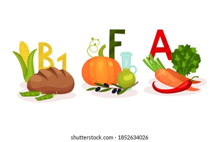 Diferentes alimentos agrupados por vitamina como conjunto de vectores de nutrición saludable