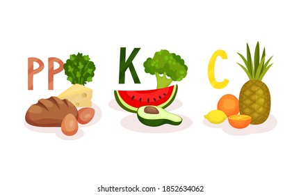 Different Food Grouped by Vitamin as Healthy Nutrition Vector Set