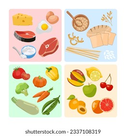 Se establecen diferentes grupos de alimentos para ilustraciones de vectores nutricionales. Recogida de fuentes de proteína, pescado y carne, productos de trigo, verduras, frutas. Alimentos saludables, nutrición, concepto de dieta