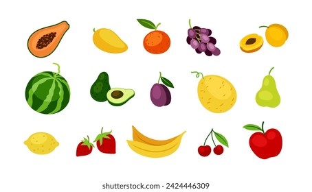 Different food icons set. Juicy fruits. Watermelon, banana, cherry and pear. Healthy and fresh eating. Template and layout. Cartoon flat vector collection isolated on white background