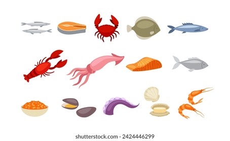 Different food icons set. Seafood products. Crab, octopus and fish, tuna. Healthy and fresh eating. Template and layout. Cartoon flat vector collection isolated on white background
