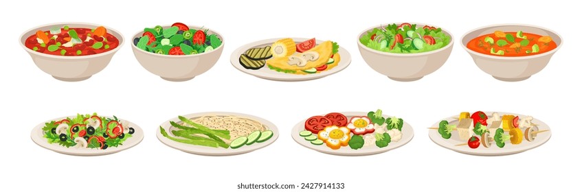 Different Food and Meal Served on Plate Vector Set