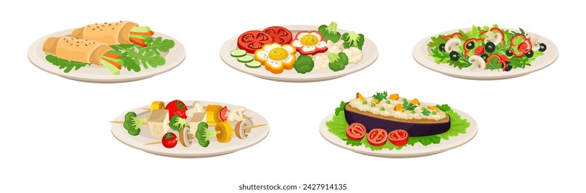 Different Food and Meal Served on Plate Vector Set