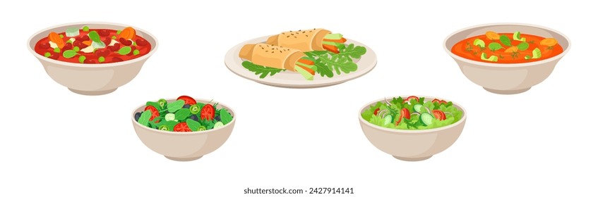 Different Food and Meal Served on Plate Vector Set