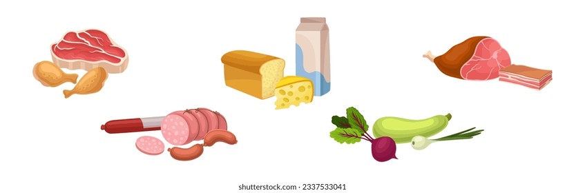 Different Food with Meat, Bread, Milk and Vegetables Vector Set