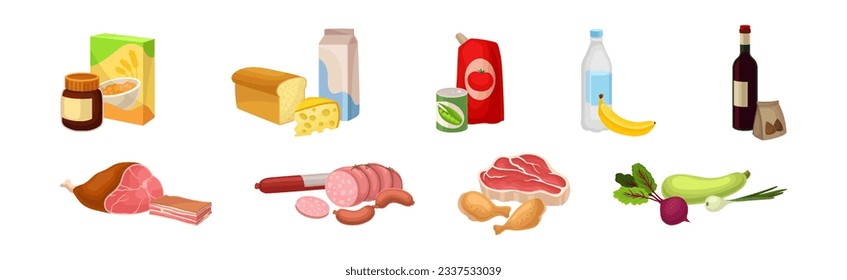 Different Food with Meat, Vegetables, Ketchup, Water Bottle, Wine, Cereal Package and Chocolate Paste Vector Set