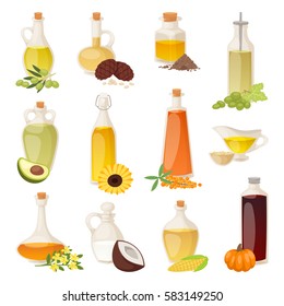 Different Food Oil In Bottles Isolated On White With Cooking Transparent Liquid And Natural, Vegetable, Virgin Organic Healthy Oil Product Liquid Container Vector Illustration.