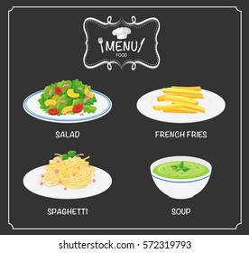 Different food on menu board illustration