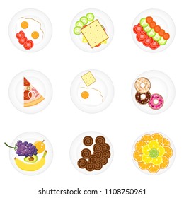Different food on plates. Time for lunch. Sets of food on plates. Flat design, vector illustration, vector.
