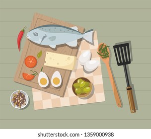 Different food on the table. Egg, Vegetables and fish. Top view. Cooking  concept. Vector Illustration