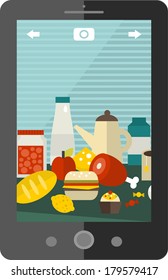 A lot of different food on the table - mobile photo. Vector illustration.