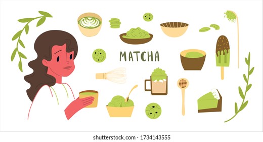 Different food options from matcha tea. Set for making a green drink. Cartoon girl drinks delicious organic tea. Vector illustration isolated on a white background.