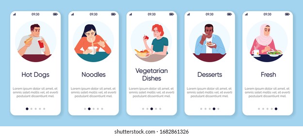 Different food options onboarding mobile app screen vector template. Restaurant menu walkthrough website steps with flat characters. Vegan dishes, snacks and desserts. Smartphone cartoon UX, UI, GUI