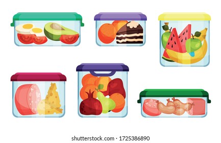 Different Food in Plastic or Glass Containers Vector Set